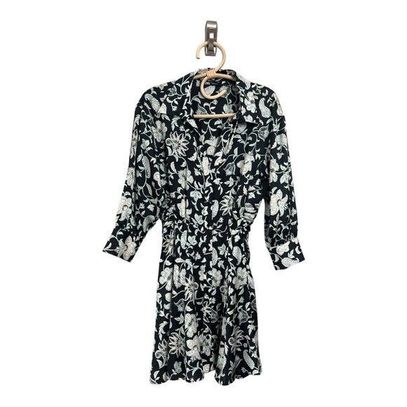 ZARA Satin Effect Black White Floral Shirt Dress XS Long Exaggerated Sleeve XS - Picture 7 of 15